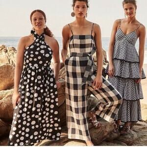 J.CREW Gingham Beauchamps Linen Spaghetti Strap Jumpsuit In Navy Ivory Size 12